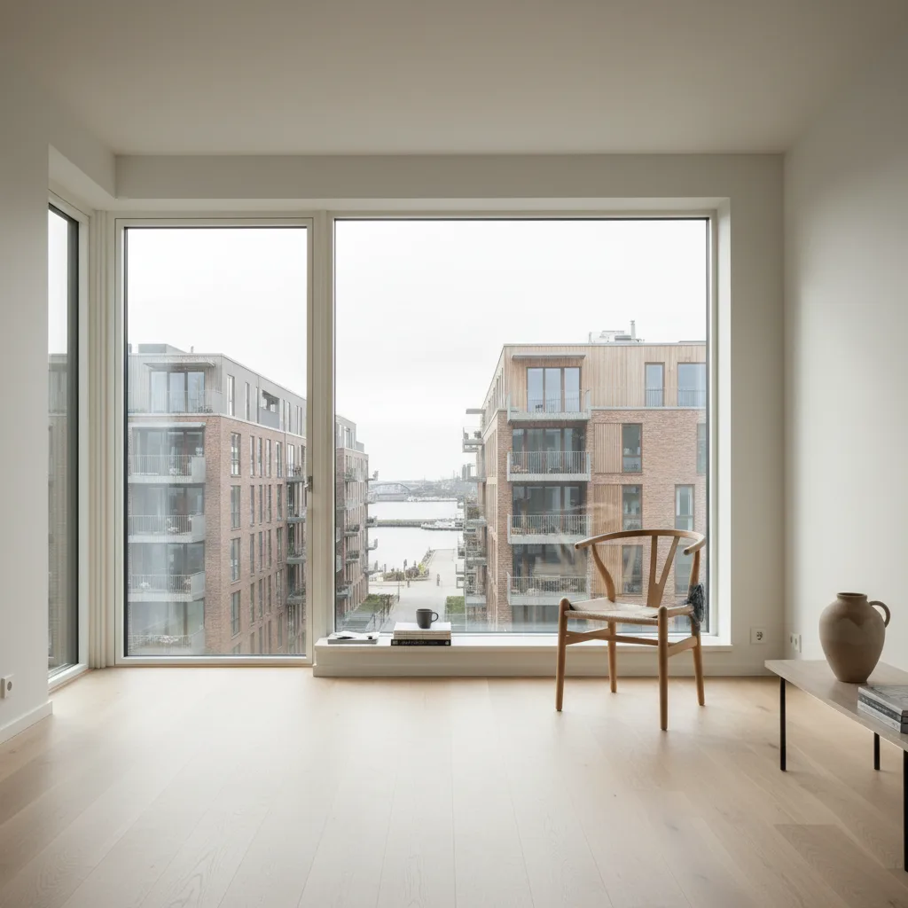 Moderne Amager-lejlighed med udsigt til ny boligbebyggelse og havnen