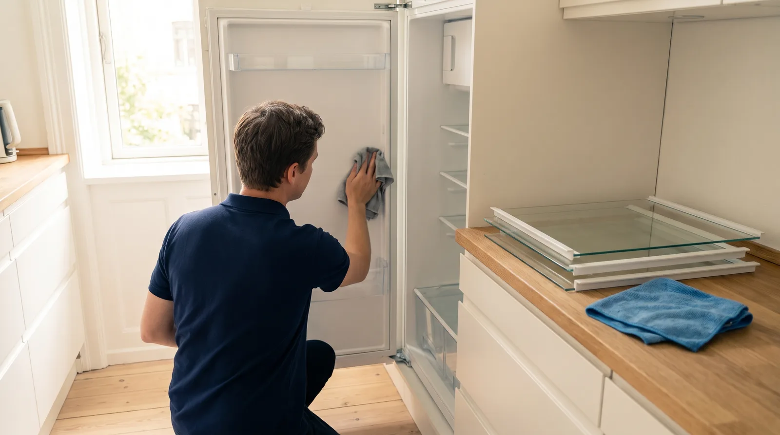 A cleaner in a navy polo wiping the inside of an emptied fridge, with the cleaned glass shelves resting on the kitchen counter
