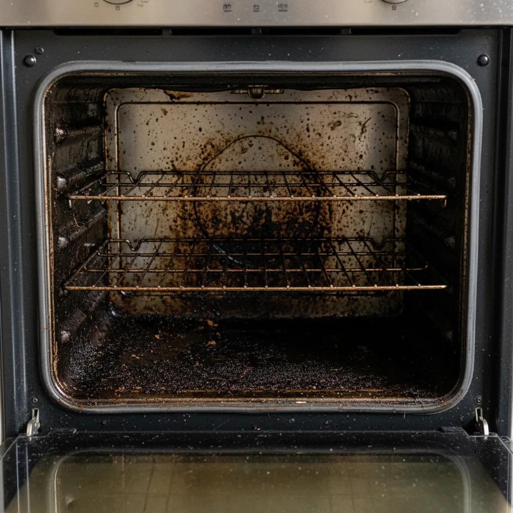 Dirty oven with baked-on grease before deep cleaning