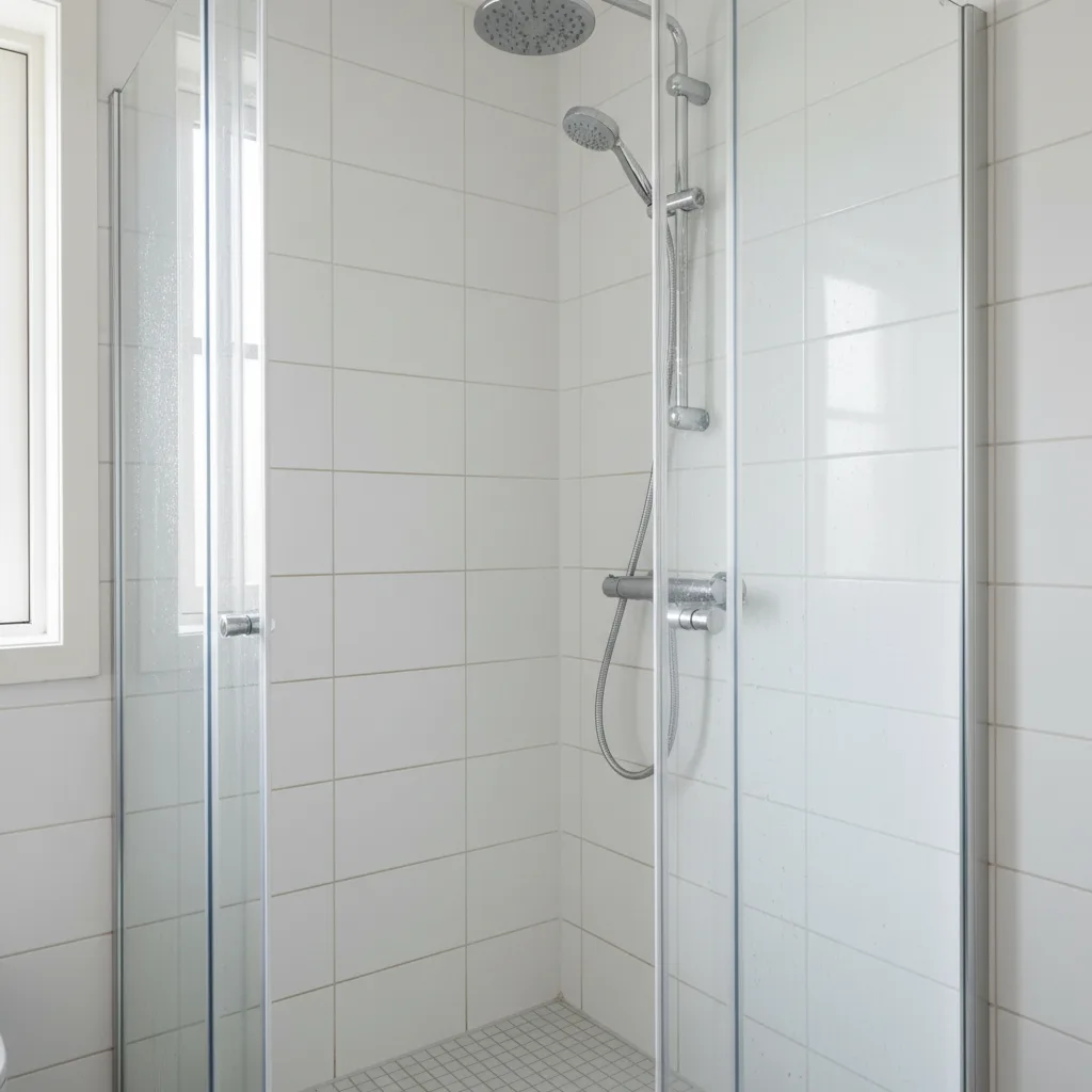 Shower after thorough descaling — tiles, fixtures and glass shining