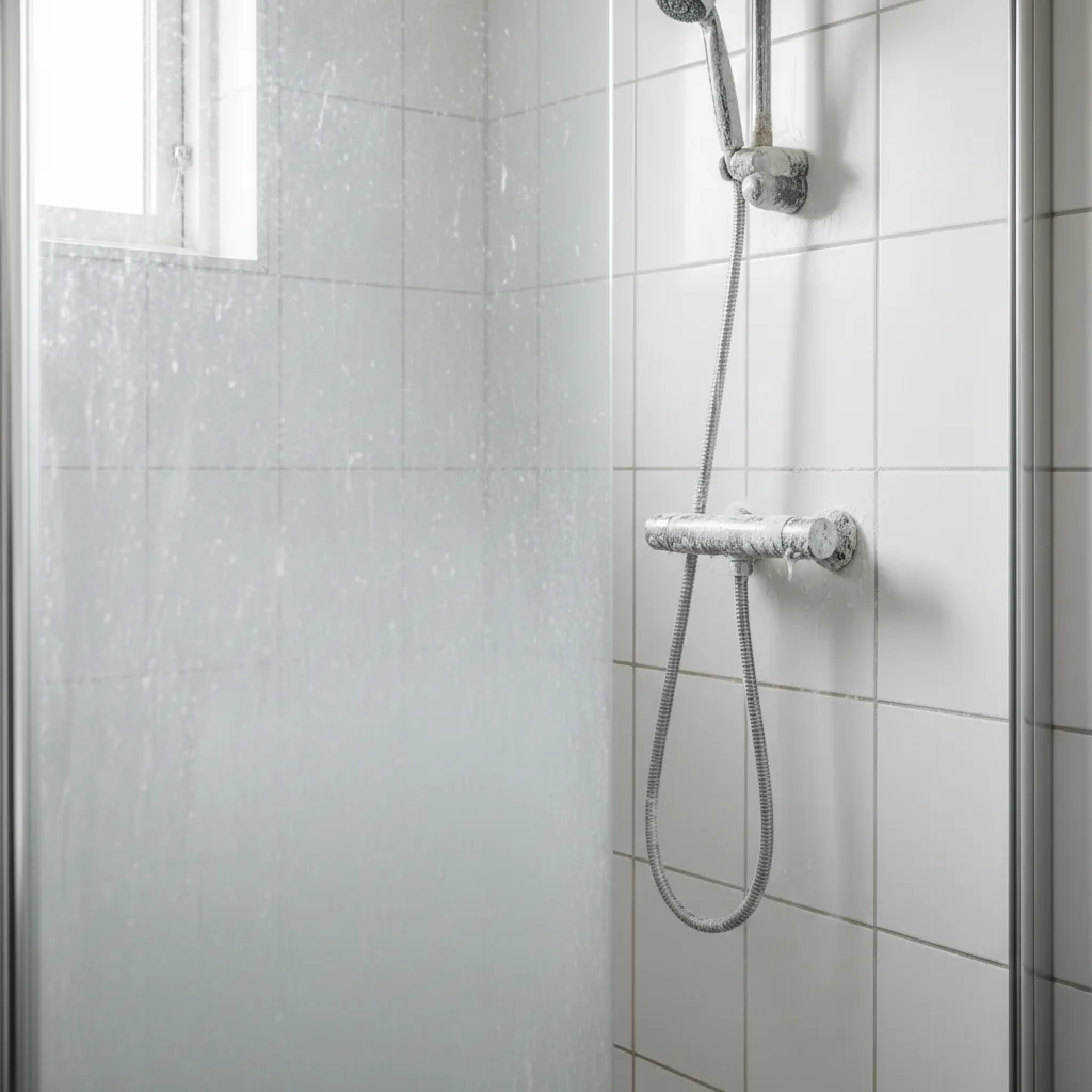 Shower with heavy limescale buildup on tiles, fixtures and glass door