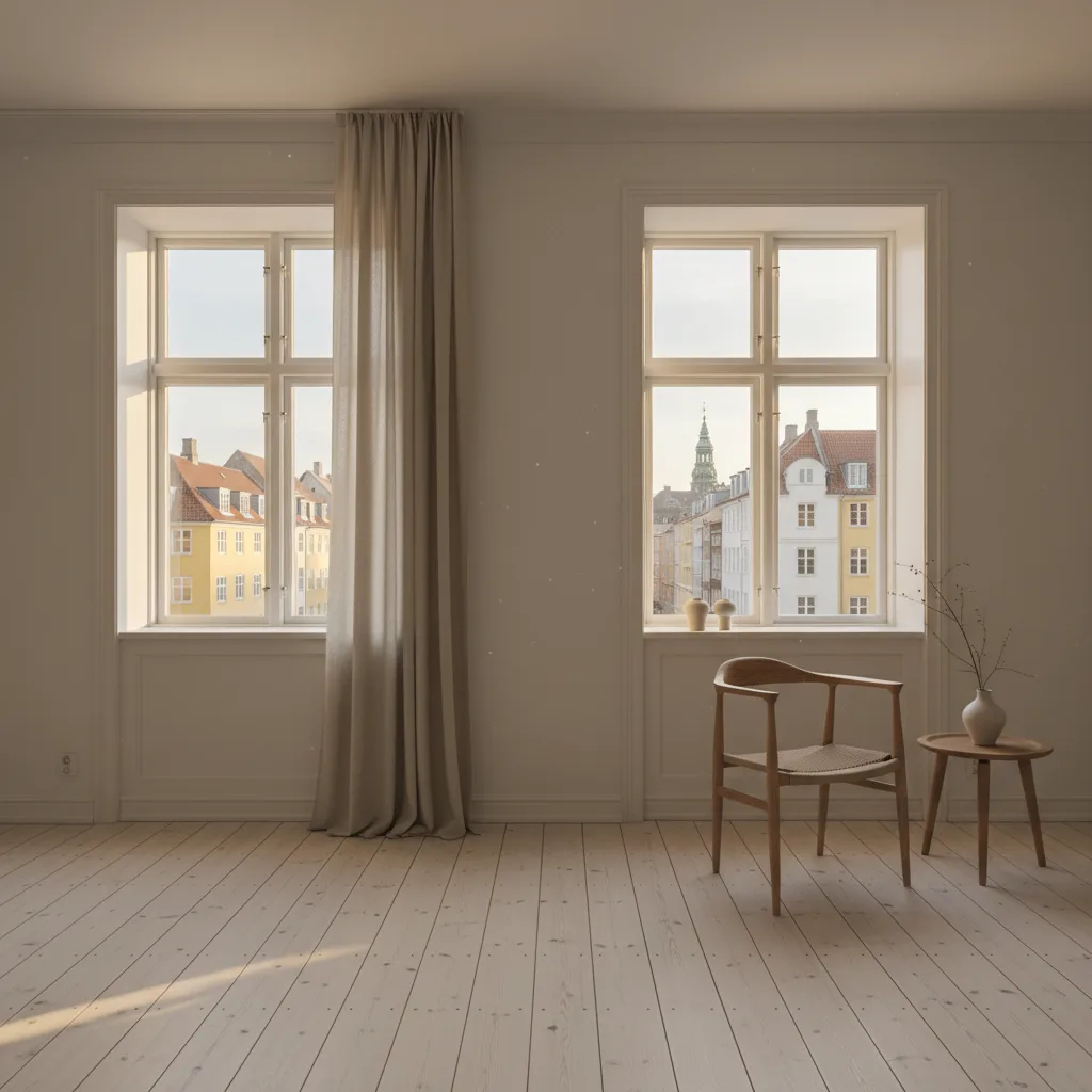 Klassisk lejlighed i Københavns indre by med høje vinduer, parket og udsigt til historiske facader